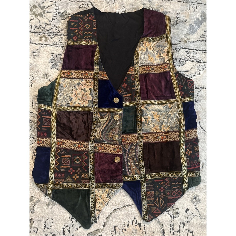 Vintage 90's Y2K Tapestry Velvet Vest Womens Patchwork Boho Indie Goth